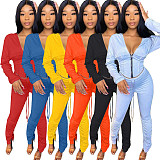 Deep V Zipper Hooded Jacket Ruffled Pants Two-piece Set HM-6347