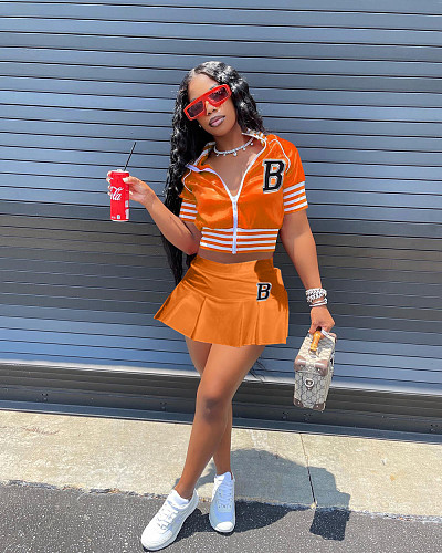 Short Sleeve Baseball Jacket A-line Skirts Suit HM-6608
