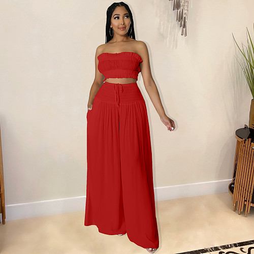 Strapless Crop Tops Loose Wide Leg Pants Outfits HM-6606