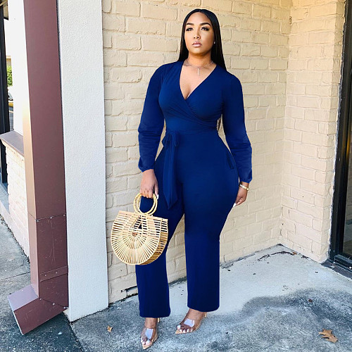 Casual Solid Color V-neck Long Sleeve Belt Jumpsuit HM-6333