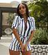 Women Lapel Vertical Stripe Zipper Romper with Waistband HM-6094