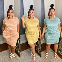 Plus Size Striped Print Oversize Women Drawstring Waist Short Sleeve O Neck Knee Length Loose T-Shirt Dress LDS-3279