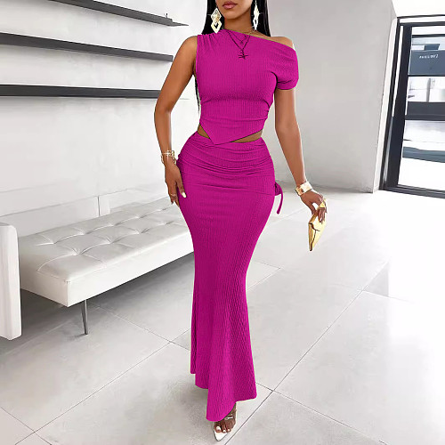 Sexy Single Shoulder Tops And Folds Long Fishtail Skirt 2 Pieces Suit RS-7020