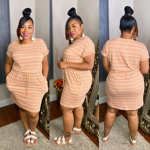 Plus Size Striped Print Oversize Women Drawstring Waist Short Sleeve O Neck Knee Length Loose T-Shirt Dress LDS-3279