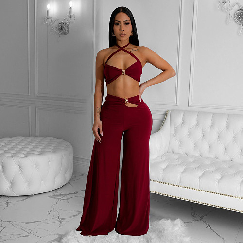 Sexy Wrap Chest Crop Top And Long Pants Women 2 Pieces Sets BY-7236