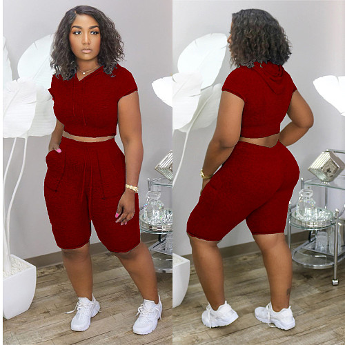 Solid-Color Hooded Short-Sleeved Casual Cotton Two-piece Set LDS-3223