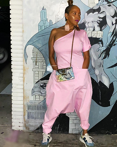 One Shoulder Short Sleeve Hip Hop Harem Jumpsuit LDS-3303