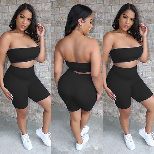 Sexy Strapless Solid-Colored Shorts Sport Two-Piece Set TR-1028