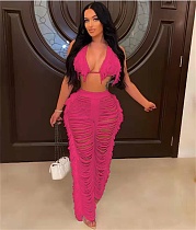 Tassel Knitting Lace Up Bra Top+Straight Pants Suits TR-1193