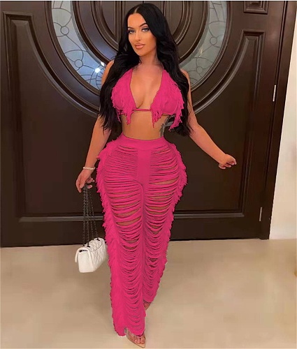 Tassel Knitting Lace Up Bra Top+Straight Pants Suits TR-1193