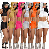 Knit Drawstring Hooded Sleeveless Crop Top Skirts Set TR-1252