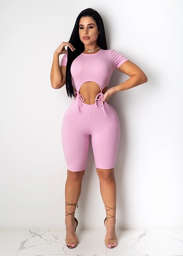 Solid Knitted Lace Up Hollow Out Waist Romper TR-1051