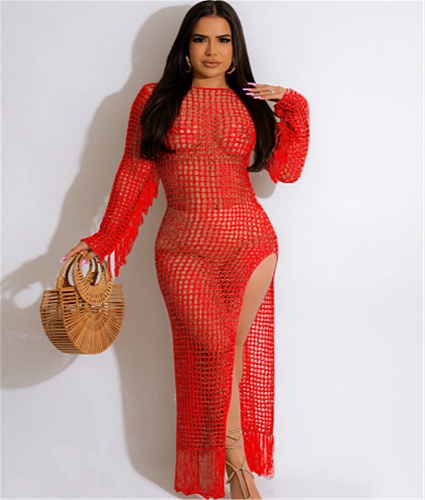 Knitting See Through Long Sleeve Tassel Beach Dress TR-1251