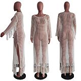 Knitting See Through Long Sleeve Tassel Beach Dress TR-1251