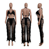 Tassel Knitting Lace Up Bra Top+Straight Pants Suits TR-1193