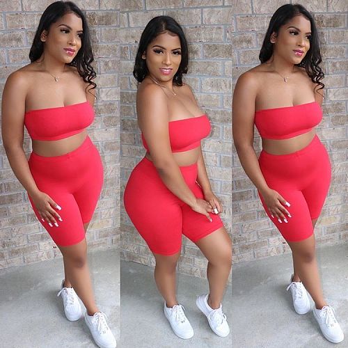 Sexy Strapless Solid-Colored Shorts Sport Two-Piece Set TR-1028