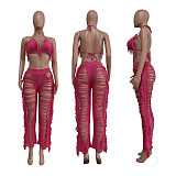 Tassel Knitting Lace Up Bra Top+Straight Pants Suits TR-1193
