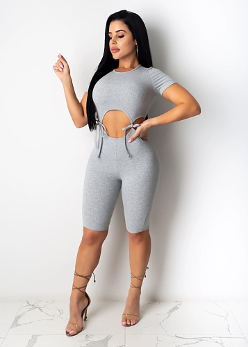 Solid Knitted Lace Up Hollow Out Waist Romper TR-1051