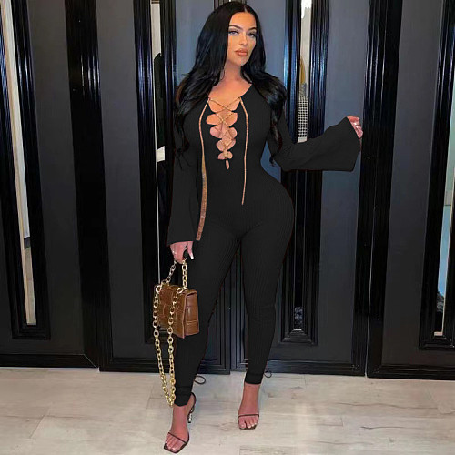 Hollow Out Bandage Flare Sleeve Rib Knit Jumpsuits JINGJ-6040