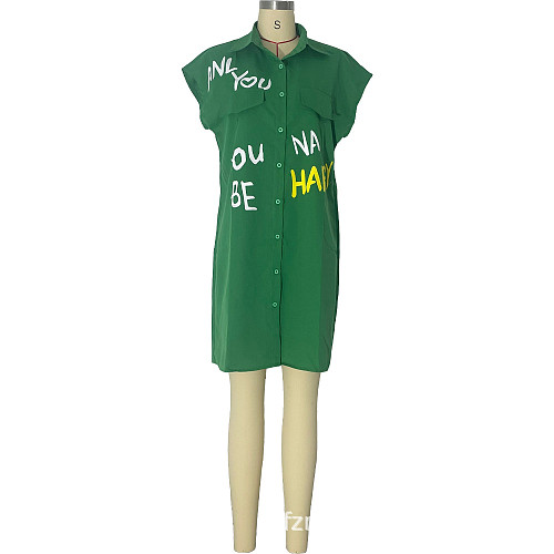 Casual Girls Print Loose Split Short Blouse Dress Green MUX-6146