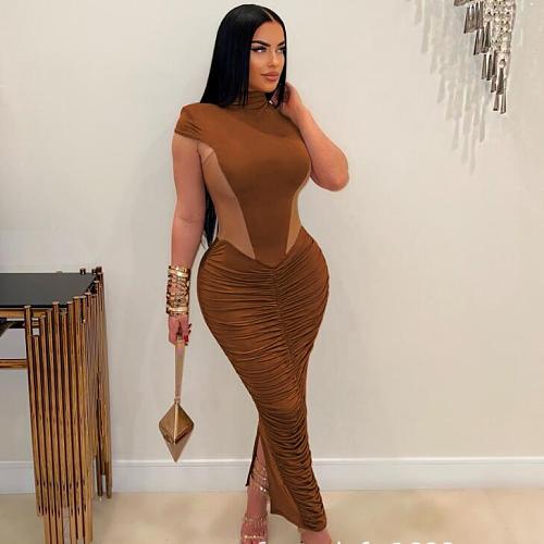 Brown Sexy Transparent Mesh Pleated Skinny Long Dress MUX-6141