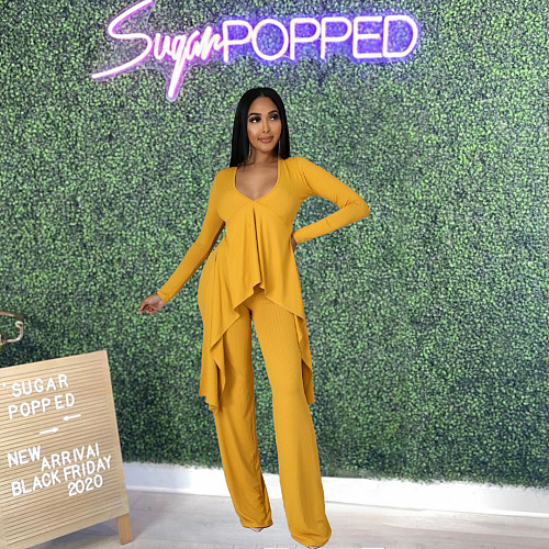 Copy Long Sleeve Irregular Top Wide Leg Pants Set MUX-6065