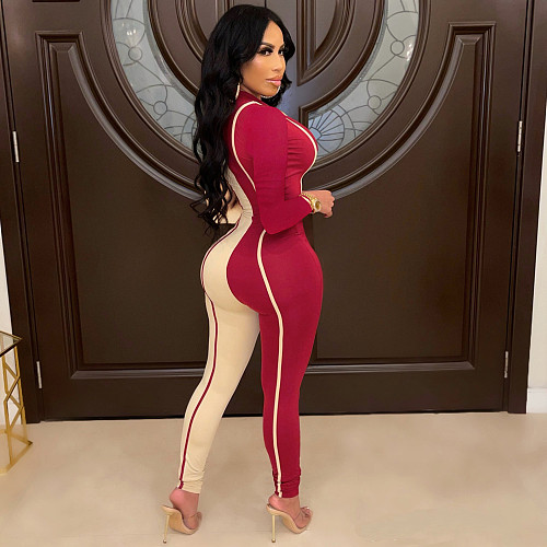 Copy Patchwork Zipper Long Sleeve Bodycon Jumpsuits MUX-6056