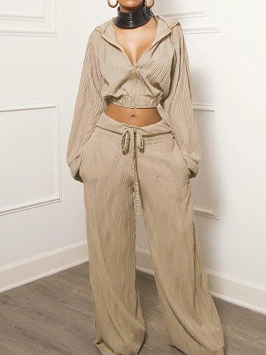 Women's casual long-sleeved zipper hooded top drawstring wide-leg pant set MIL-T072