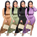 Turtleneck Solid High Split Long Sleeve Autumn Elegant Dress MIL-195