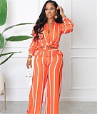 Casual Striped Print Shirts Top And Wide Leg Pants Suits MIL-338