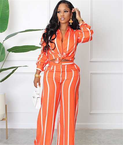 Casual Striped Print Shirts Top And Wide Leg Pants Suits MIL-338