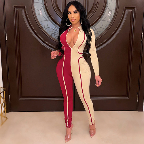 Copy Patchwork Zipper Long Sleeve Bodycon Jumpsuits MUX-6056