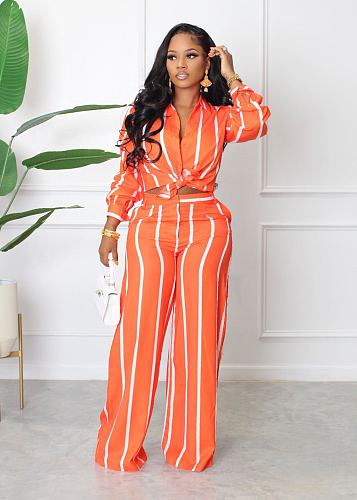 Casual Striped Print Shirts Top And Wide Leg Pants Suits MIL-338