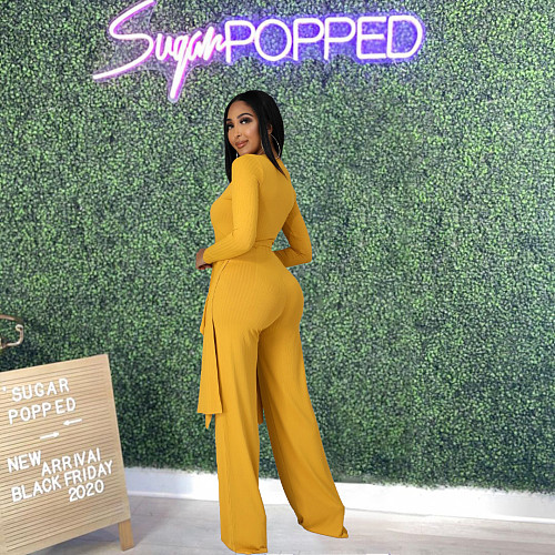Copy Long Sleeve Irregular Top Wide Leg Pants Set MUX-6065