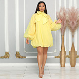 Solid Bow Tie Puff Sleeves Loose Chiffon Dress MIL-497
