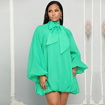 Solid Bow Tie Puff Sleeves Loose Chiffon Dress MIL-497