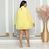 Solid Bow Tie Puff Sleeves Loose Chiffon Dress MIL-497