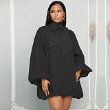 Solid Bow Tie Puff Sleeves Loose Chiffon Dress MIL-497