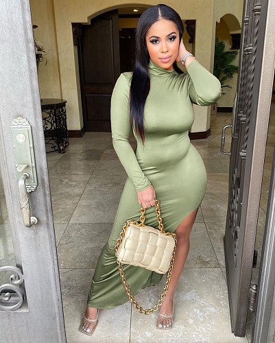 Turtleneck Solid High Split Long Sleeve Autumn Elegant Dress MIL-195