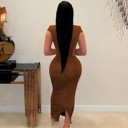 Brown Sexy Transparent Mesh Pleated Skinny Long Dress MUX-6141