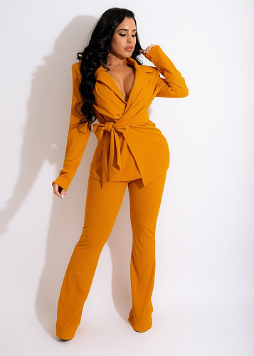 V Neck Lace Up Blazers Wide Leg Pants Work Wear Set MUX-6070