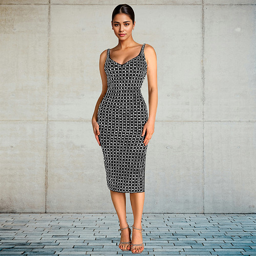 Ladies Sexy Backless Sleeveless Hot Drilling Package Hips Maxi Dress BY-7219