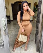 Turtleneck Solid High Split Long Sleeve Autumn Elegant Dress MIL-195