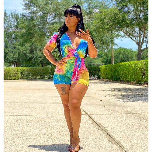Fashionable Tie-dye Printed Short Sleeve High Waist Romper MAE-2034