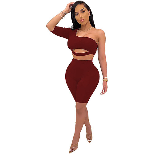 Sexy Hollow Out Single Sleeve Crop Top And Skinny Shorts MEI-9079