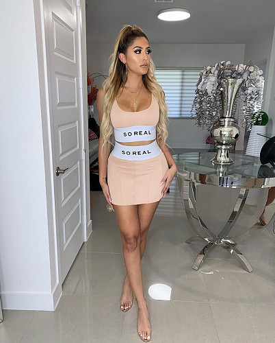 Sexy Letter Printed Crop Vest And Mini Skirt 2 Pieces Set MAE-2028