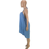 Solid Loose Halter Backless Irregular Mini Dress MEI-9235