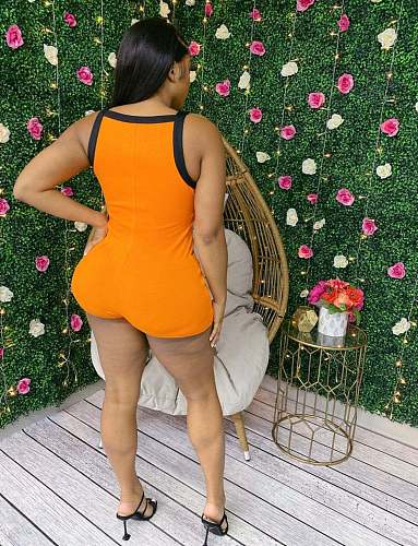 Women Striped Patchwork Sleeveless Front Zipper Summer Fitness Mid Waist Bodycon Short Rompers XING-064