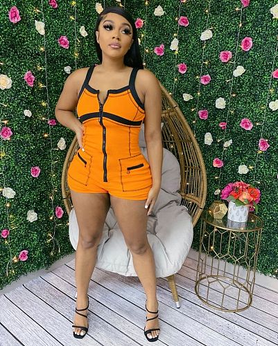 Women Striped Patchwork Sleeveless Front Zipper Summer Fitness Mid Waist Bodycon Short Rompers XING-064