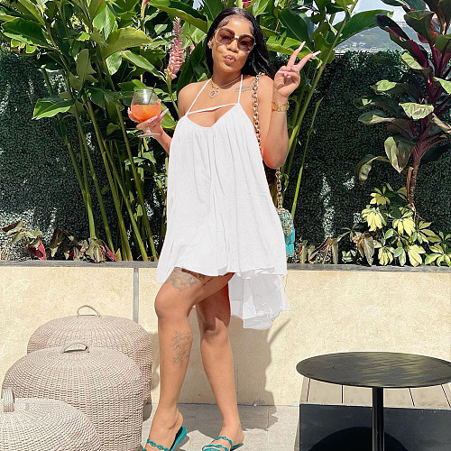 Solid Loose Halter Backless Irregular Mini Dress MEI-9235
